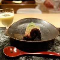 霞庭 まつばら - ・とうもろこしのすり流し（冷製スープ）、秋田のジュンサイ、しろたつ、オクラ＆タコの柔らか煮、かぼちゃのお豆腐