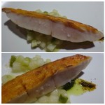 TTOAHISU - ＊金目鯛は丁寧にポアレした後、皮目をパリッと焼き上げられ食感もよく本来の旨みも感じ美味しい。
      バジルソースと七味で頂くのですが、よく合います。