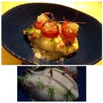 TTOAHISU - ◆天草の岩牡蠣。80度で5分加熱した品。巨峰のコンポートがのせられ、下には「レモンのグラニタ」が敷かれています。