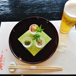 『生ビール』と先付の『豆皿三点おばん菜』!! トマトとずいき 胡麻酢かけ、焼き万願寺とうがらし、鱧の子の松風～♪(^o^)丿