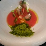 榎本農園ミニトマトのジュ、フロマージュブラン、鯵、えだ豆　
          藏光農園梅干しと甘海老のタルタル、バジルとビールのシャーベット