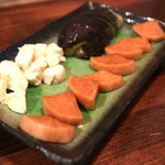 かはほり - 本日の自家製漬物「水茄子のべん漬け(いしる）/クリームチーズの蜂蜜漬/大根の醤油漬け」(2016.Aug)