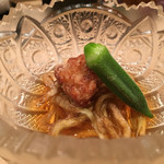 鮨 とかみ - 2016/8_賀茂茄子の茄子素麺 穴子のから揚げ ミニオクラ