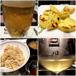 ステーキハウスハマ - 乾杯ビール、野菜焼きはサツマイモ選択、ガーリックライス、白ワイン