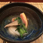 旬膳甜酒 創庵 - 蓬莱柿(ほうらいし)、蓮、菊菜、あわび茸 梨酢