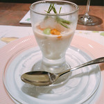 ル ボークープ - 枝豆のブランマンジェ雲丹と白海老を添え　雲丹クリーム・ソース　鯵と帆立貝とトウモロコシのタルタルフィオーレサルドとセルバチコと一緒に　2016-8