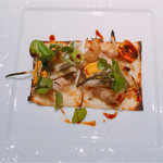 ル ボークープ - 穴子、ムール貝、牛アキレスのタルト・フランベ  牛蒡、玉葱、ベーコンのエチュベを敷いて 2016-8