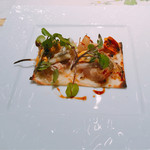 ル ボークープ - 穴子、ムール貝、牛アキレスのタルト・フランベ  牛蒡、玉葱、ベーコンのエチュベを敷いて 2016-8