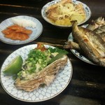 大衆料理　川治 - カラスミ、岩ガキ、鮎、穴子の煮凝り風、えだまめ(16-09)