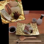 八百亀 - ＜2016／７月夜＞お刺身盛り合わせ。器もきれい♪