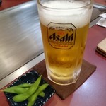 お好み焼いまくら - 一杯目はサービスの枝豆つき