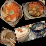 八百亀 - 追加写真＜2016／９月ランチ＞小鉢色々、いくら乗せ卵かけご飯、」
      切子の器は鶏＆シャキシャキ水菜の和え物、白い物体の下から現れたのは、、、ブドウと桃！