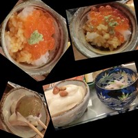 八百亀 - 追加写真＜2016／９月ランチ＞小鉢色々、いくら乗せ卵かけご飯、」
                切子の器は鶏＆シャキシャキ水菜の和え物、白い物体の下から現れたのは、、、ブドウと桃！