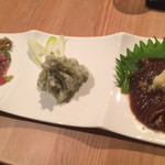 日本酒しゃぶしゃぶ（本醸造） \3,900 の前菜三品