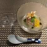 座屋 - 冬瓜すりながし・蒸し鮑・夏野菜（ミニオクラ・プチトマト・フルーツほおずき・とうもろこし）・アワビの肝