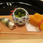 青華こばやし - 28年9月　前菜　新子、銀杏、玉子フライ　サツマイモ