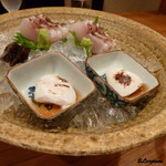 千陽 - 幸神目抜けの焼霜造りと河豚の白子の盛込