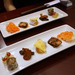 趙楊 - 前菜、ネギ油で炒めた蓮根海老に梅酢添え　　　　よだれ鶏　　　　ゴールドピータンにまこもだけ上海蟹の卵和え　　　　つぶ貝にゴーヤ　　　　ミニトマト、冬瓜くらげ生春巻き