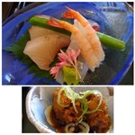 しめ寿司 - ◆上：お刺身・・カンパチ・烏賊・甘エビ・2ｃｍ四方の鮪など。下：鰯団子のような気がしますけれど。甘辛い濃いめのタレがかけられています。