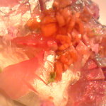 Moriyama - カンパチのお造り　エシャロットをビネガーと土佐醤油混ぜたタレ