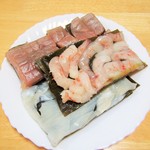 Sushi Kou - 昆布〆３点セット（かじき・いか・甘えび）。2852円＋税