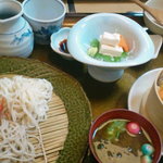 Sagami - そば三昧定食 \1,430 (3種類のそば[石挽・更科・平打ち]、薬味[ネギ・辛味大根]、栗と安納芋のおこわ、湯葉の刺身、赤だし、白菜の漬物)