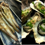 大衆料理　川治 - 左　ハタハタの一夜干し
      右　牡蠣の浜焼き
