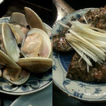大衆料理　川治 - 左　蛤の蒸し物
      右　鯨のステーキ