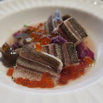 オステリア・オリエーラ - 28年9月　竹岡カマス炙り　スープ仕立て　シメジ、茄子、イクラ