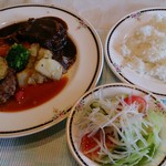 レストランムッシュイソ - 肉ランチ1200円（タンシチューとメンチカツ）スープ・サラダ・ライス・ドリンク付