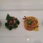 オ・プレチェネッラ - 紫薩摩芋の冷製ｽﾞｯﾊﾟ、蛸の桜煮、ｼﾏ鯵のﾏﾘﾈ、ﾎﾟｰｸﾃﾘｰﾇ