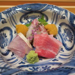 車力門 ちゃわんぶ - 28年9月　お造り4種　鮪、勘八、雲丹、鯛