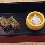 風香 - お通し(鮪煮凝り・鱧のたたき)