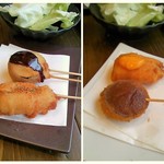 左）穴子スパイシー揚げ・茄子の肉味噌田楽、右）椎茸生ハム・チーズ