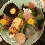 刺身３点盛り（カワハギ、関イサキ、真鯛）