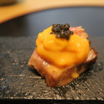 28年9月　シャトーブリアンステーキ　雲丹・キャビア添え　アップ