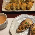寿司居酒屋 酒宴 - カキの味噌焼きと揚げ物と茶碗蒸し