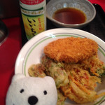 つるや - コロッケ、ちくわ天、野菜かき揚げ、いいちこPotato Croquette, Fish Paste Cake Tempura, Mixed Vegetable Tempura, Iichiko