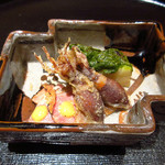 竹ざき - 2】ホタルイカ天ぷら　塚原白子筍 木の芽味噌和え 鴨ロース(2016.4)