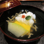 竹ざき - 5】お椀：鱧 じゅんさい 冬瓜 玉蜀黍豆腐(2016.6)