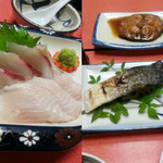 はまや旅館 - 左　わらさのお刺身
      右　煮魚2種