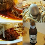 豚星。 - 辛麺スープ、味玉、辛味玉（からみだま）、ビール