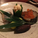 旬膳甜酒 創庵 - 秋刀魚梅煮、秋茄子旨煮と新物いくら、ゆべし、天然鮎白子うるか、炒り銀杏