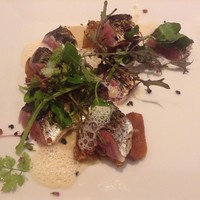 レグリエ - 前菜　炙った新秋刀魚と肝のガレット 茄子とベーコンのエスプーマ