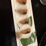 炭火焼鳥あずま - 鯖のへしこ、初めていただきました。日本酒ですね～！