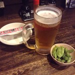 居酒屋 一休 - モルツ、お通し枝豆