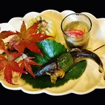 祇園もりわき - 『子持ち鮎の塩焼き』,『ワタリガニともずくの土佐酢ジュレ』,『なめこの菊菜の胡麻酢和え』,『鴨ロースと焼き茄子』～♪(^o^)丿