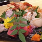俺の魚を食ってみろ!! - (2016/10)看板メニュー「俺の玉手箱」刺身盛合せ。今宵はズワイ蟹身と蟹味噌、トロ鮪、ボタン海老など鮮度抜群の魚介が勢揃い(*￣∇￣)ノ