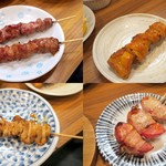 Yakiton Sakaba Maruko - かしら塩＆味噌各￥100/タンドリーチキン串￥200/しろ￥100/肉巻きトマト￥200