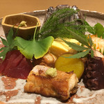 銀座 しのはら - 戻り鰹、岸和田いき穴子、蛸、かきなます、カステラ卵、琵琶ますのイクラご飯、丸十